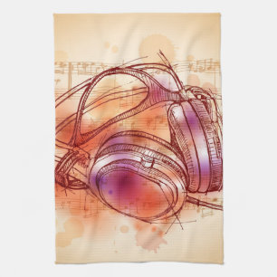 Headphones on a watercolor background & notes kitchen towel