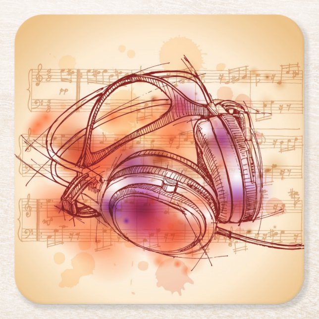 Headphones on a watercolor background & notes square paper coaster (Front)