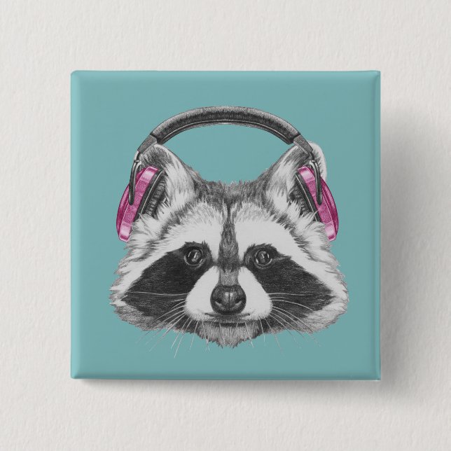 Headphones Raccoon 2 Inch Square Button (Front)