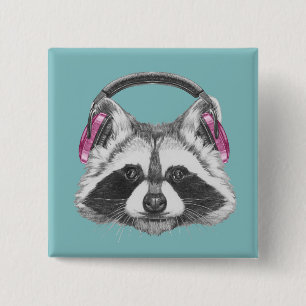 Headphones Raccoon 2 Inch Square Button