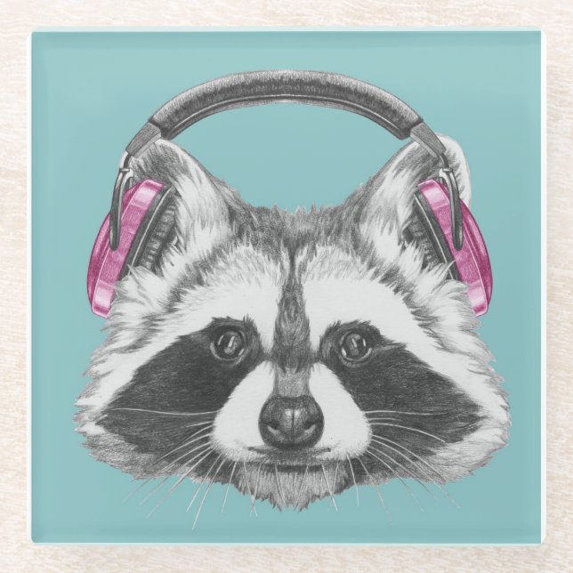 Headphones Raccoon Glass Coaster (Front)