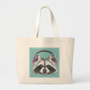 Headphones Raccoon Large Tote Bag