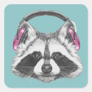 Headphones Raccoon Square Sticker
