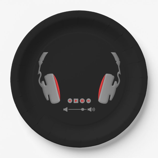 Headphones with media volume control buttons paper plate (Front)