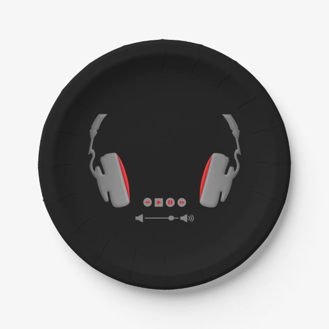 Headphones with media volume control buttons paper plate (Front)