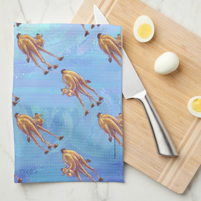 Heads and Tails Camel Pattern on Blue Kitchen Towel (Quarter Fold)