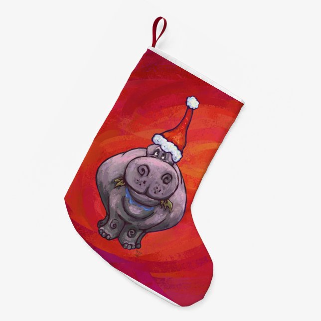 Heads and Tails Festive Hippo on Red Small Christmas Stocking (Front (Hanging))