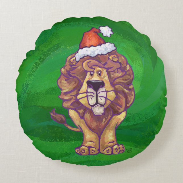 Heads and Tails Festive Lion On Green Round Pillow (Front)