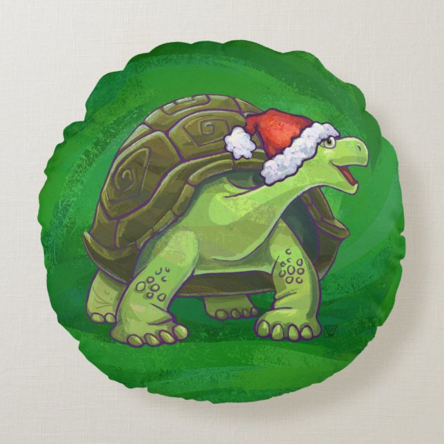 Heads and Tails Festive Tortoise On Green Round Pillow (Front)