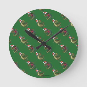 Heads and Tails Festive TRex Green Pattern Round Clock