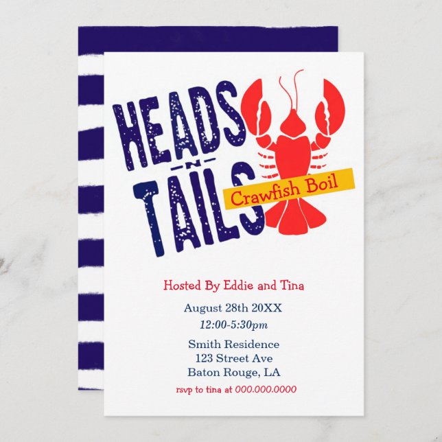 Heads N Tails Crawfish Boil Party  Invitation (Front/Back)