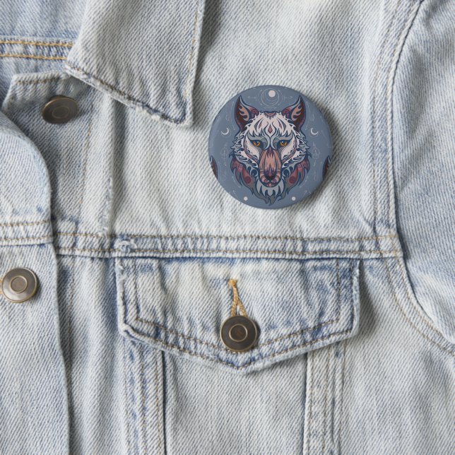 Heads of wolves with boho decoration  2 inch round button (In Situ)