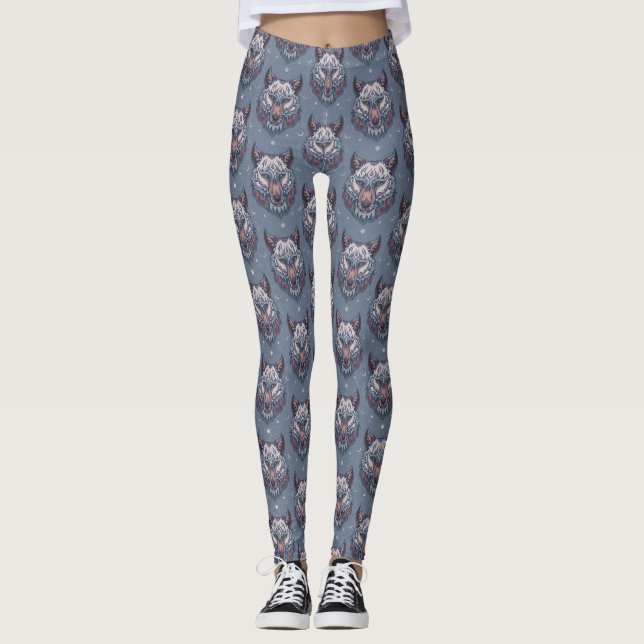 Heads of wolves with boho decoration  leggings (Front)