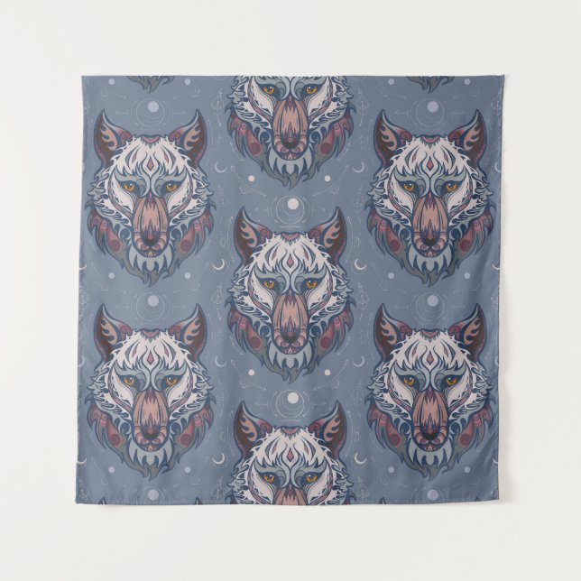 Heads of wolves with boho decoration  tapestry (Front)
