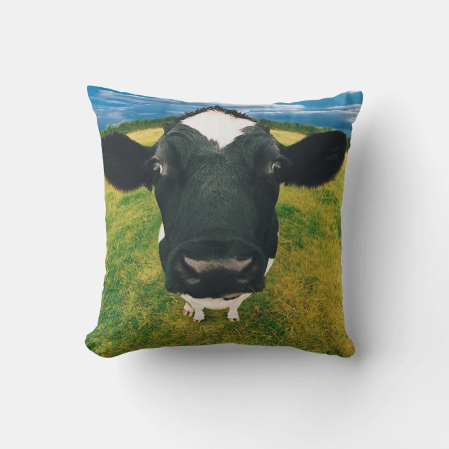 Headshot of Friesian Cow Throw Pillow (Front)