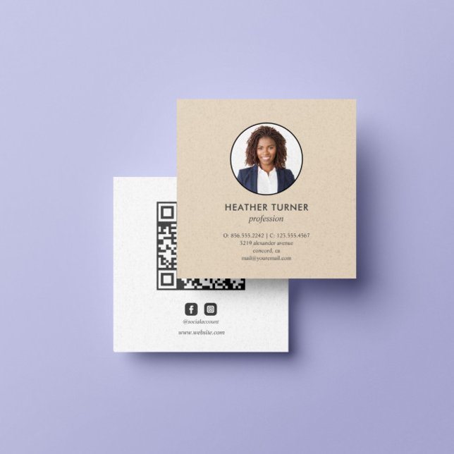 Headshot Photo QR CODE or Logo Professional Ecrù  Square Business Card (ECRU BEIGE NEUTRAL COLOR PROFESSIONAL PHOTO BUSINESS CARD WITH INSTAGRAM FACEBOOK ICON AND QR CODE)