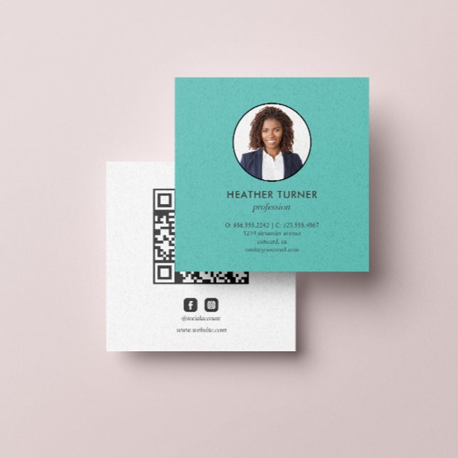 Headshot Photo QR CODE or Logo Professional  TEAL Square Business Card (Minimal photo business card with qr code and social icon facebook and instagram)
