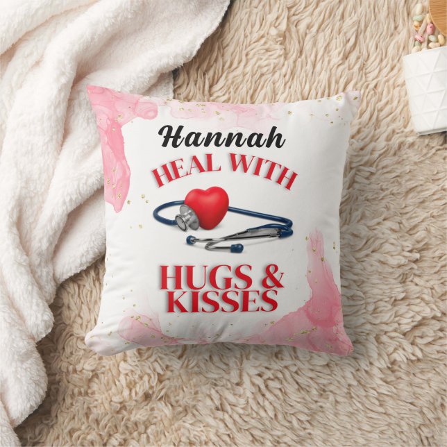 Heal with Hugs & Kisses I Doctor's Stethoscope  Throw Pillow (Blanket)