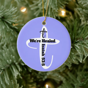 Healed by Jesus Bible Verse Christian Faith Blue Ceramic Ornament