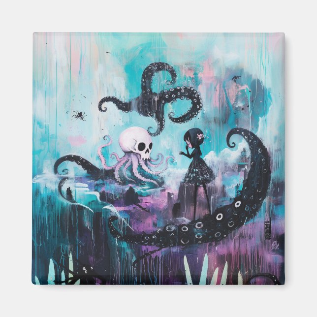 Healer Octopus Skull Magical Witchy Goth AI Art Magnet (Front)