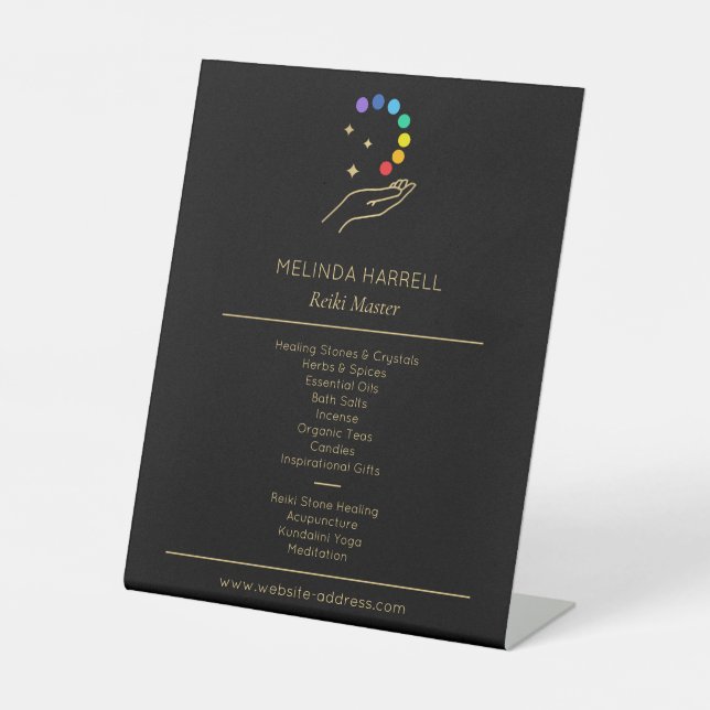 Healing Hand Logo Reiki, Massage Therapy Black Pedestal Sign (Front)