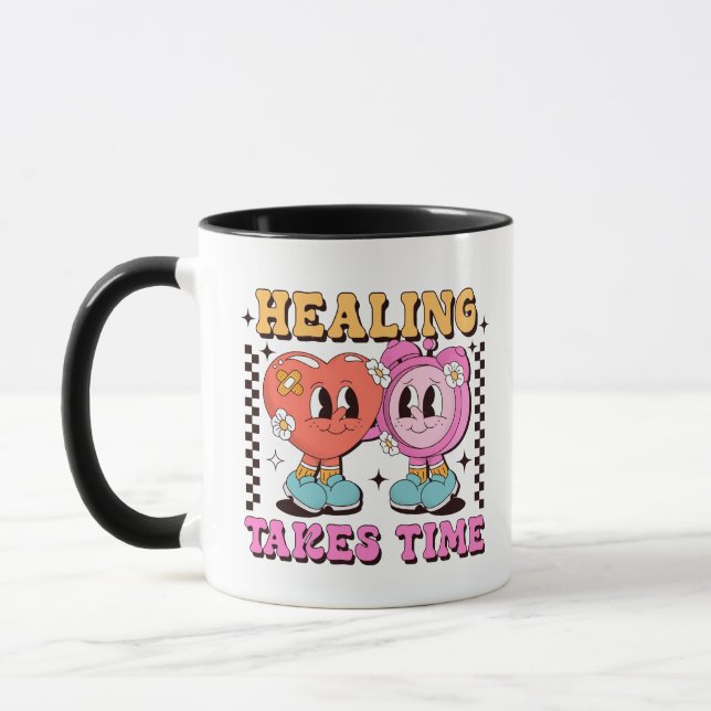 Healing Takes Time Retro Heart Design Mug (Left)