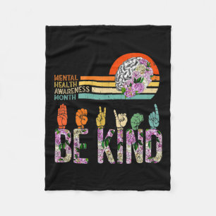 Health Awareness Asl Be Kind Therapy Floral Brain Fleece Blanket