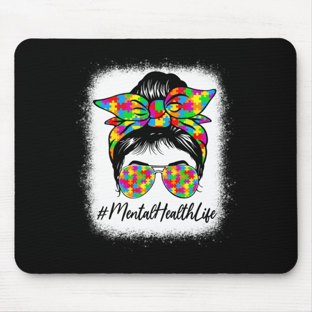 Health Messy Bun Women Supporting Autism Awareness Mouse Pad (Front)