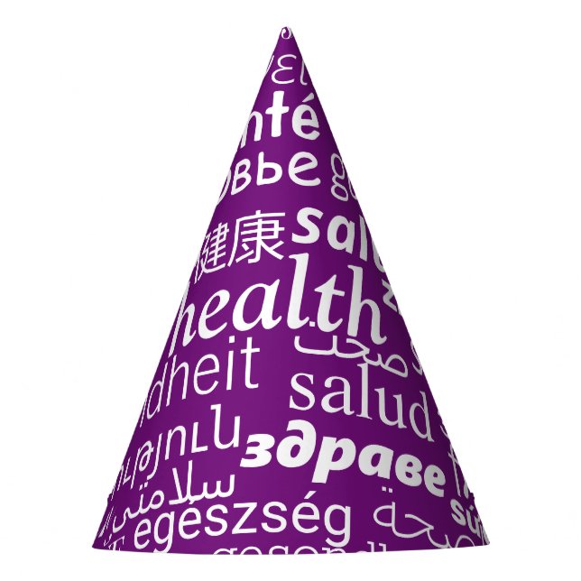 Health Text Multi Language Purple Party Hat (Front)