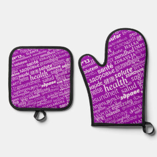 Health Text Multilingual Custom Colour Purple Oven Mitt & Pot Holder Set