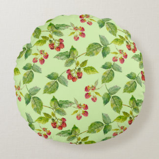 Healthy Berry: Raspberry Seamless Background. Round Pillow