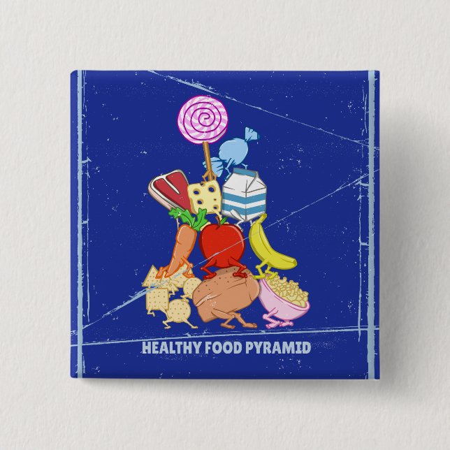 Healthy food pyramid funny cartoon illustration 2 inch square button (Front)