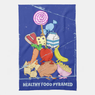 Healthy food pyramid funny cartoon illustration kitchen towel