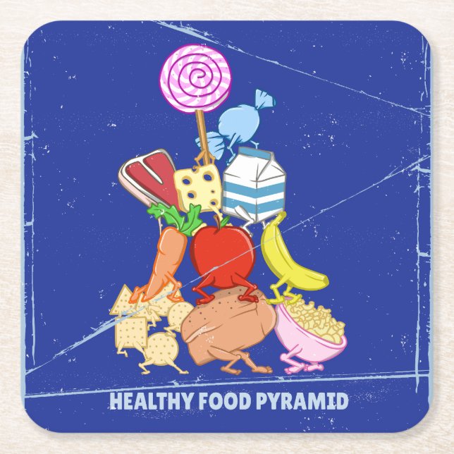 Healthy food pyramid funny cartoon illustration square paper coaster (Front)