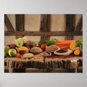 Healthy Food Selection on Rustic Wooden Background Poster