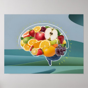 Healthy Living Concept: Brain with Fruits Illustra Poster