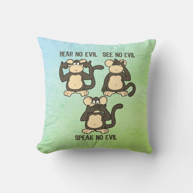 Hear No Evil Monkeys Humourous Blue Green Throw Pillow (Front)