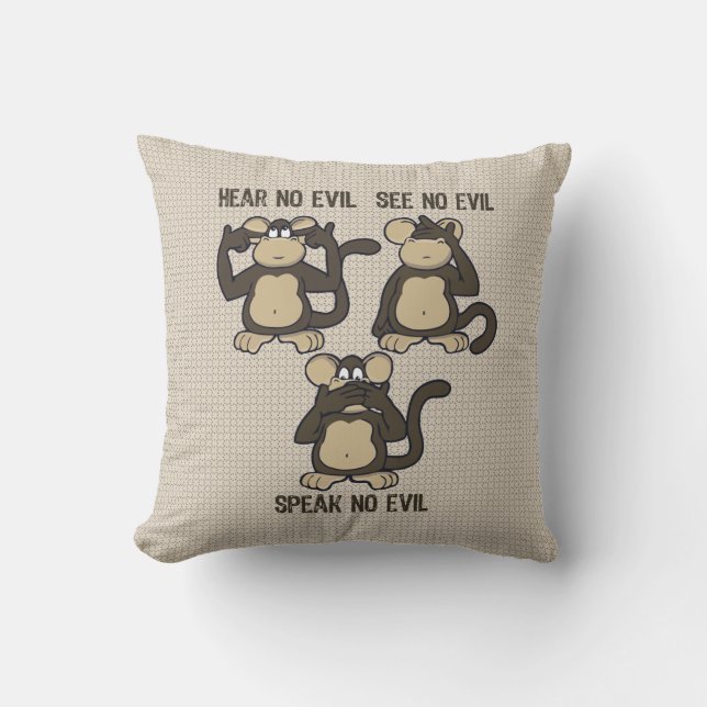 Hear No Evil Monkeys Humourous Brown Throw Pillow (Front)