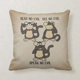 Hear No Evil Monkeys Humourous Rustic Brown Throw Pillow