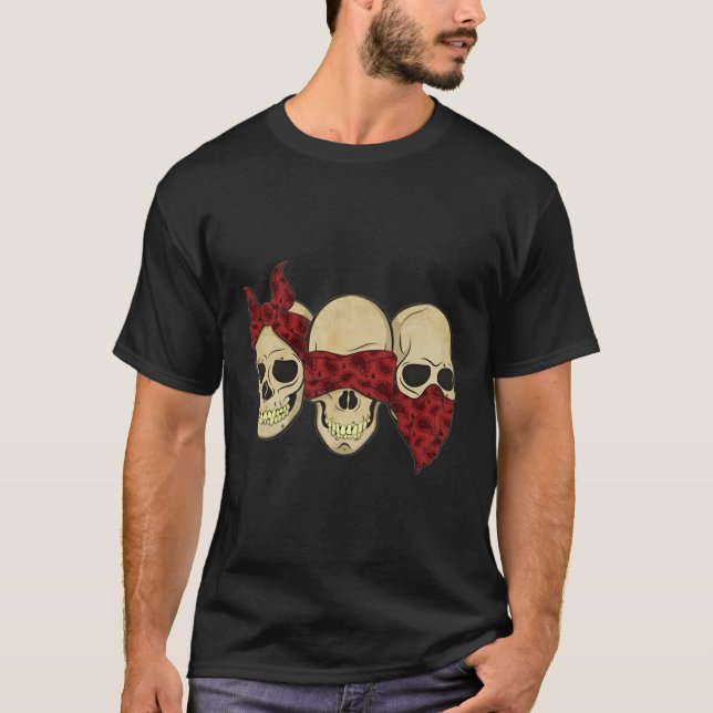 Hear See Speak No Evil Skull Heads T-Shirt (Front)