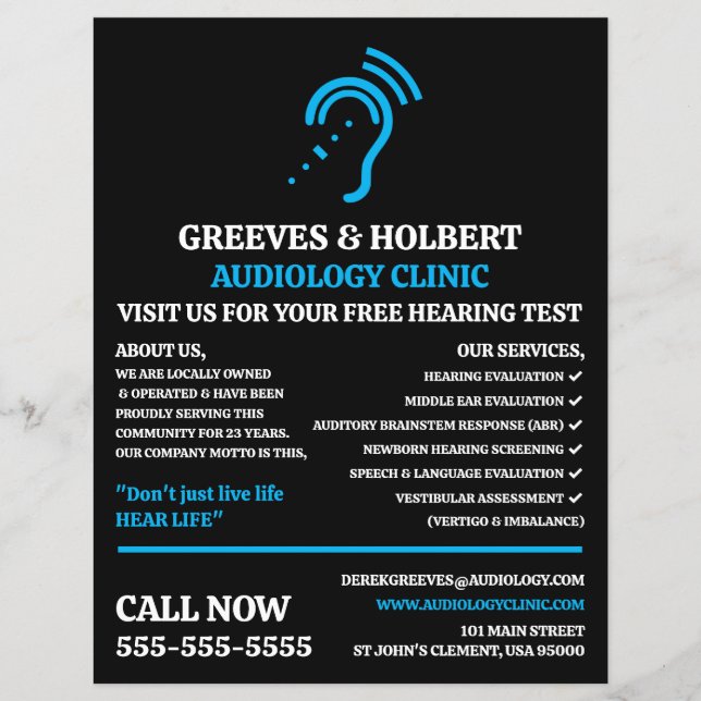 Hearing Aid Design, Audiologist, Audiology Clinic Flyer (Front)