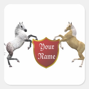 Hearldic horses rearing, add you name square sticker