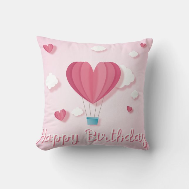 Heart air balloon pink romantic Happy Birthday Throw Pillow (Front)