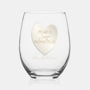 Heart Ampersand Pearls Prosecco Chic Bridal Shower Stemless Wine Glass
