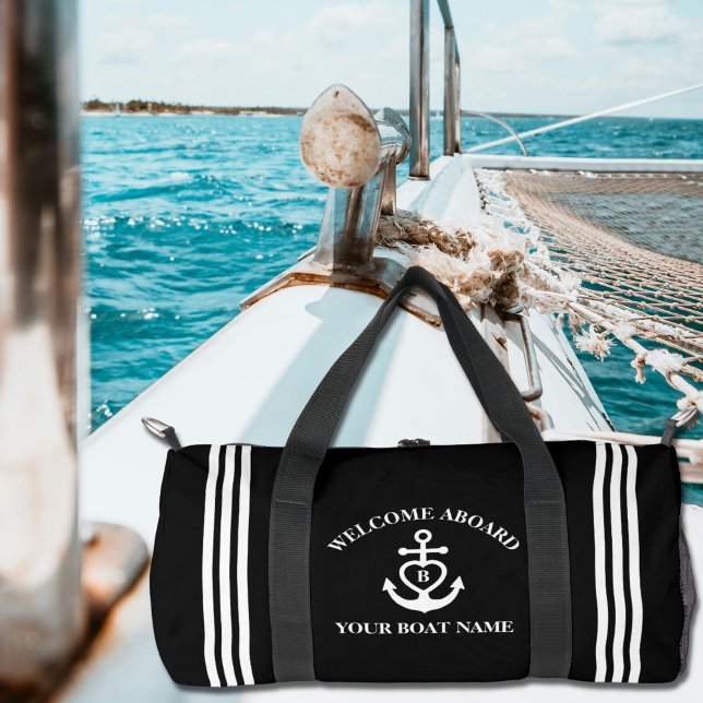 Heart Anchor Boat Name Monogram Black Duffle Bag (Creator Uploaded)