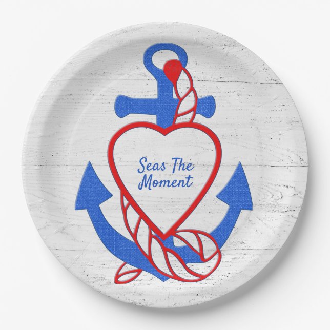 Heart Anchor On Whitewashed Wood Paper Plate (Front)