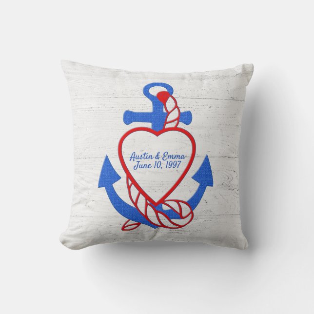 Heart Anchor On Whitewashed Wood Throw Pillow (Front)
