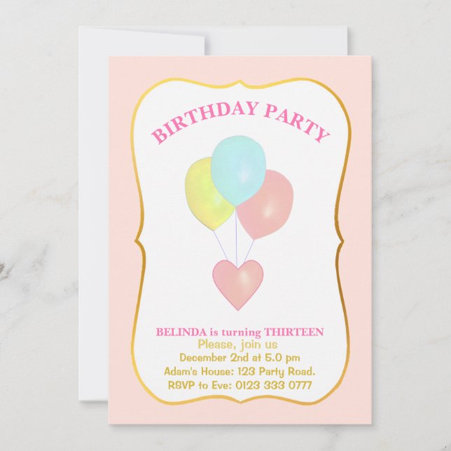 Heart and Balloons 13th Birthday Invitation (Front)