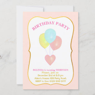 Heart and Balloons 13th Birthday Invitation
