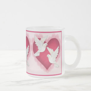 Heart and Doves - Pink Frosted Glass Coffee Mug